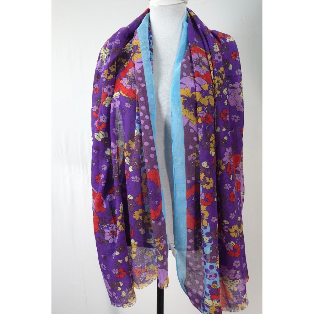 Tierra Floral Scarf Purple Blue Lightweight Boho Wrap Fringe Shawl 70x30 Festive